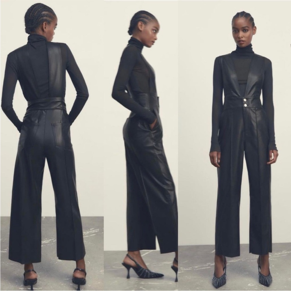ZARA Faux Leather Jumpsuit Overalls Black Size Small NWT Sleeveless Deep V neck